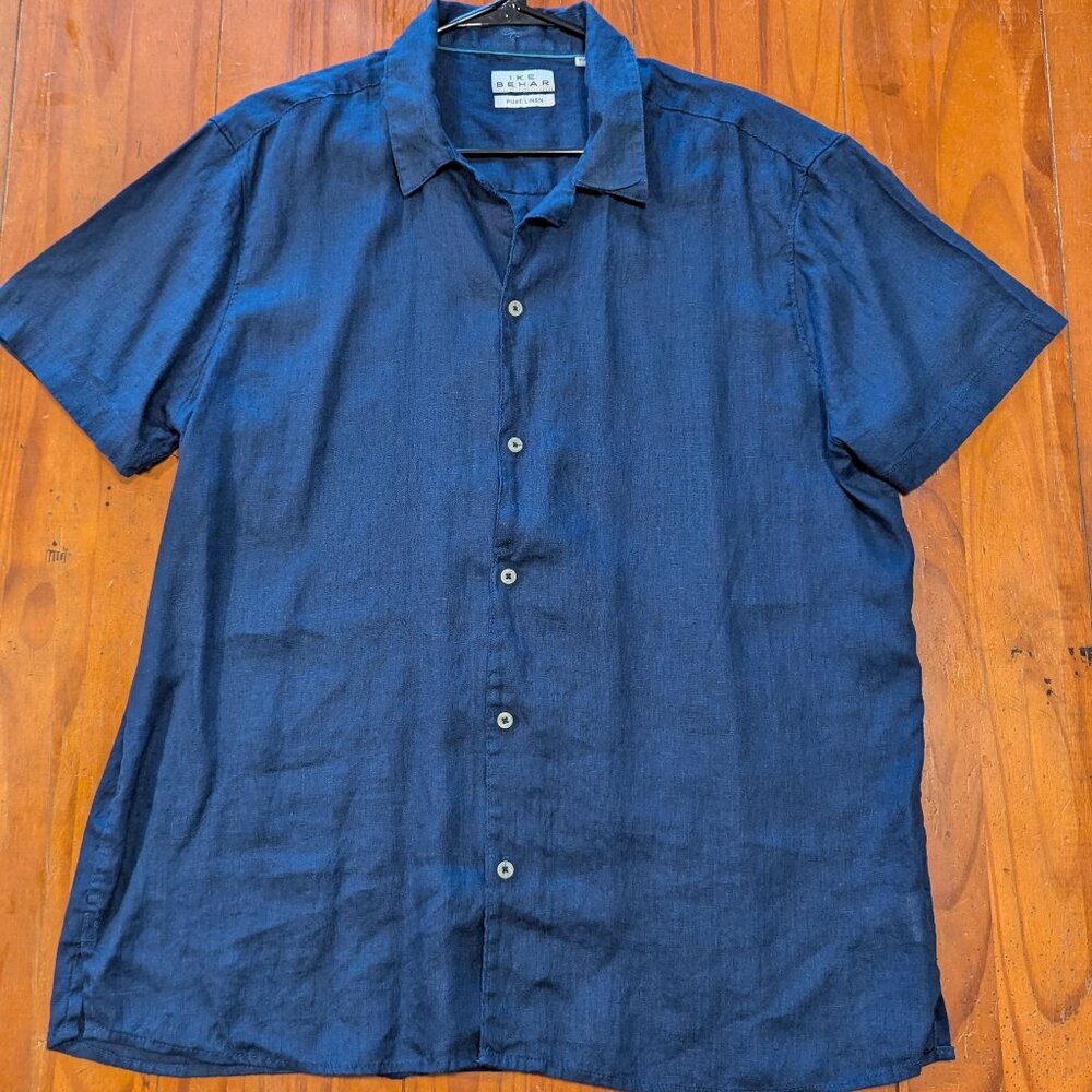 Ike Behar Men's Short Sleeve Linen Shirt – Blue – Size XXL